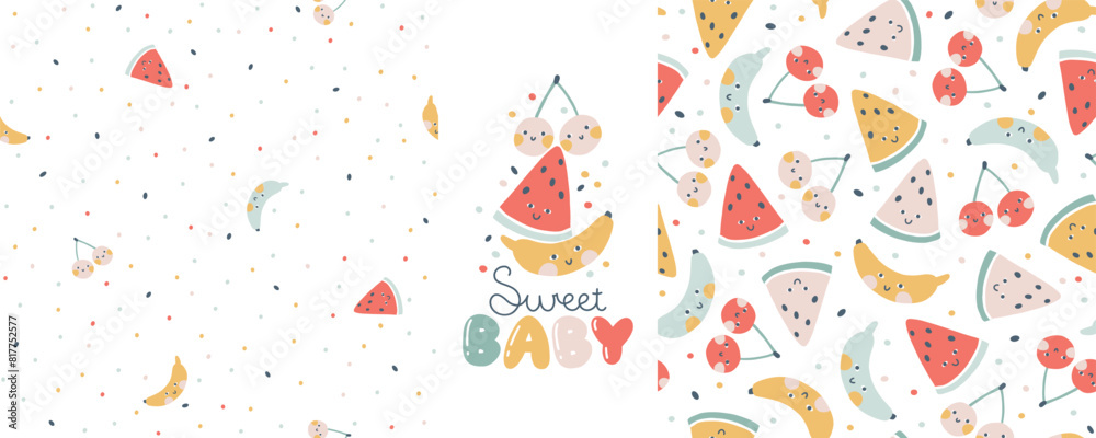 Wall mural Tropical Fruit collection of seamless patterns with print composition and comic lettering. Vector cartoon childish background with cute smiling fruit characters in simple hand-drawn style