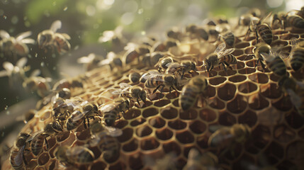 Close-up of a group of bees flying around a honeycomb. Bees are busy collecting nectar and pollen from flowers