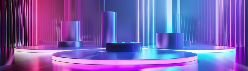 The image is a 3D rendering of a stage with a glowing platform in the center. The background is a dark blue night sky with bright stars. The stage is lit by spotlights from above.