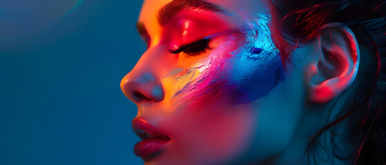 A striking fashion photo shoot demonstrating makeup that morphs the model's face into a vivid array of colorful and geometric patterns.