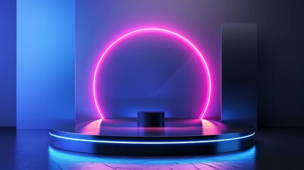 The image is a 3D rendering of a stage with a glowing pink neon circle and a dark blue background