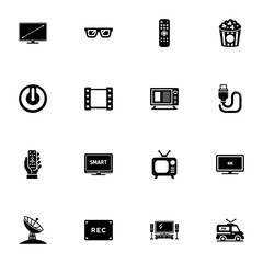 Tv icon - Expand to any size - Change to any colour. Perfect Flat Vector Contains such Icons as cable, popcorn, television, video camera, antenna, recording, satellite dish, movie, broadcasting, plug.