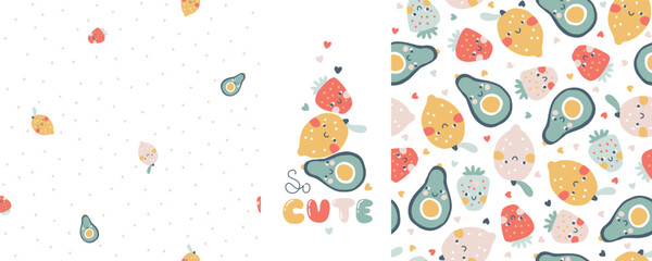 Tropical Fruit collection of seamless patterns with print composition and comic lettering. Vector cartoon childish background with cute smiling fruit characters in simple hand-drawn style