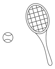 Tennis racket. Hit a tennis ball with a racket. Sketch. Vector icon. Equipment for sports games. Outline on isolated background. Coloring book for children. Doodle style. Idea for web design.