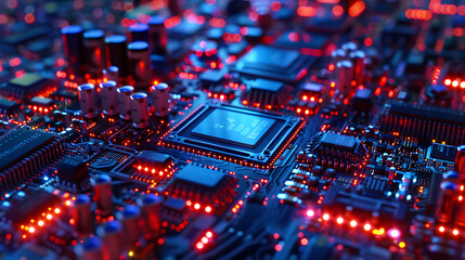 Obraz premium Detailed Close-Up of Modern High-Tech Motherboard with Circuitry and Components