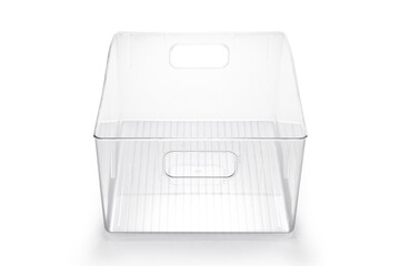 Transparent plastic storage box isolated on white background
