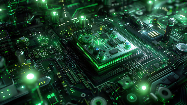 Detailed Close-Up of Modern High-Tech Motherboard with Circuitry and Components