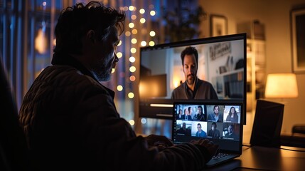 man on a laptop has a video call with a group of people at work