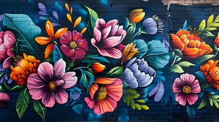 Naklejka premium Vibrant Street Art of Floral Mural on Urban Wall