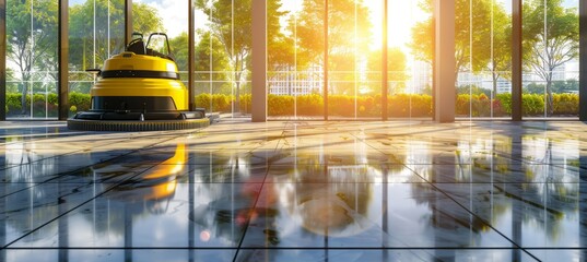 Efficient mechanized floor cleaning in a modern office space with advanced equipment