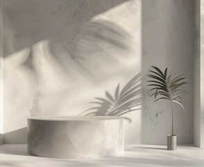 Bright colour cement curve counter podium with texture, soft beautiful dappled sunlight, tropical leaf shadow on white wall for luxury organic cosmetic