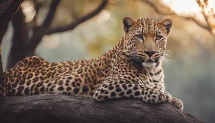 Obraz premium Portrait of a leopard lying in a tree at dusk 