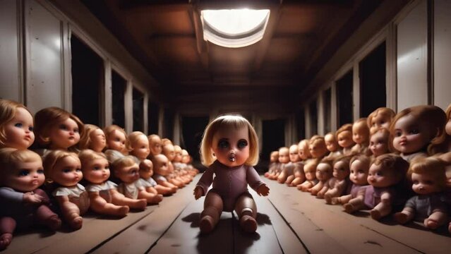 A dimly lit hallway is filled with rows of creepy dolls, their blank stares and identical appearances creating an unsettling atmosphere. 