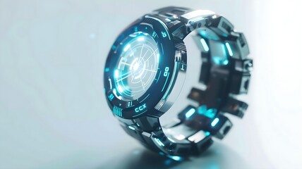  A sleek, futuristic smartwatch displaying holographic GPS projections against a pure white background. 
