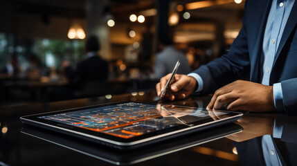Businessman Analyzing Data on Digital Tablet in Modern Office Environment