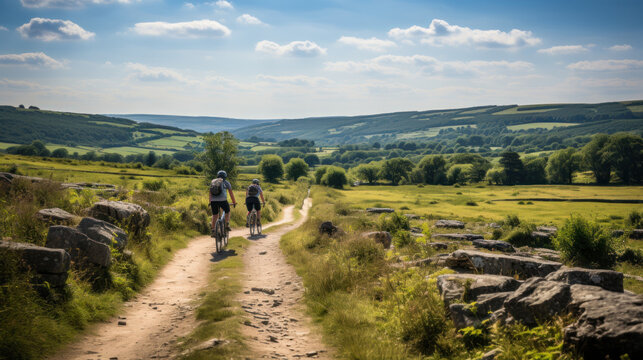 Cyclists On Bodmin Moor Trail In Summer With Scenic Landscape