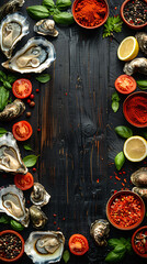 Top view of Opened oysters, in a wood table, empty space un the middle for text