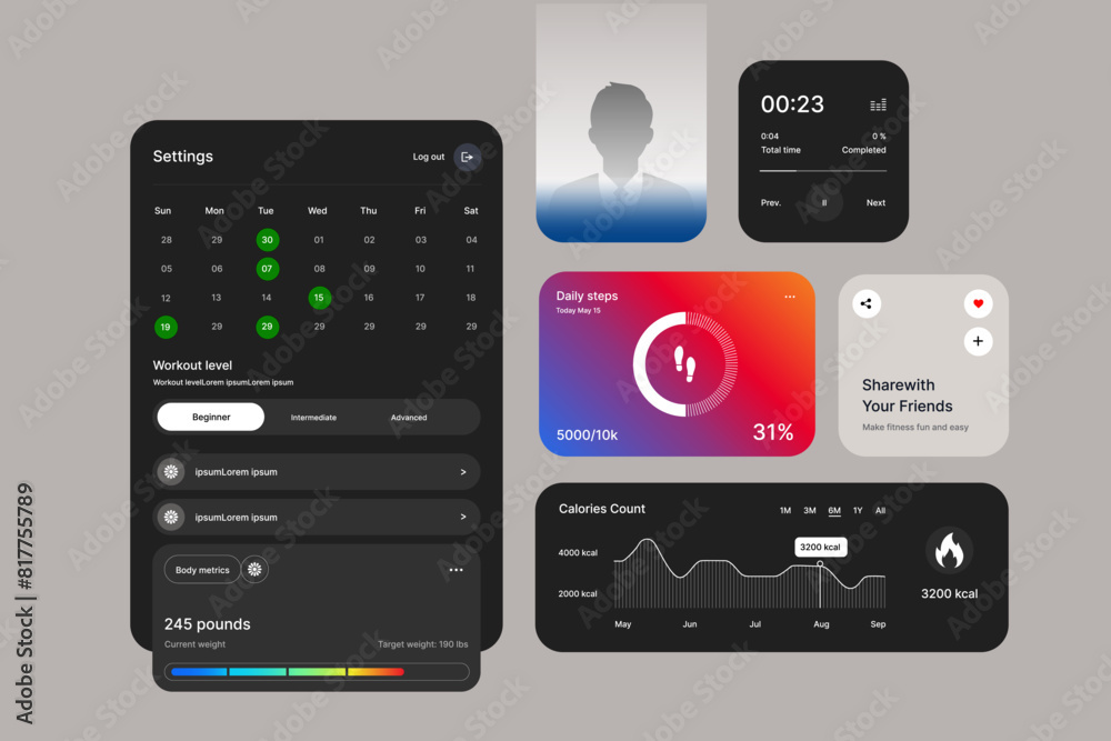 Wall mural fitness mobile app layout ui design isolated on gray background - vector illustration