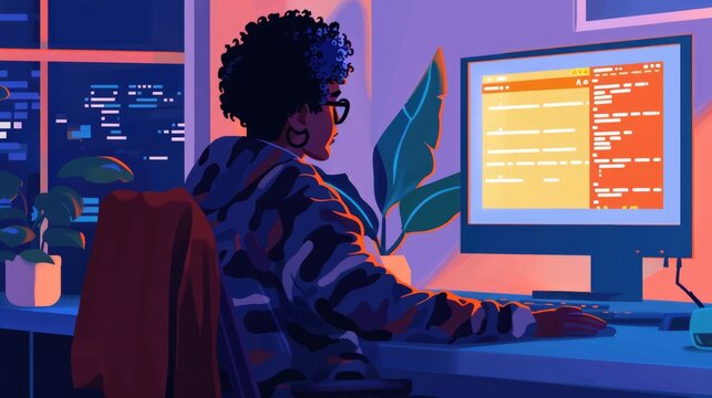 A web developer at a computer with coding on the screen. 