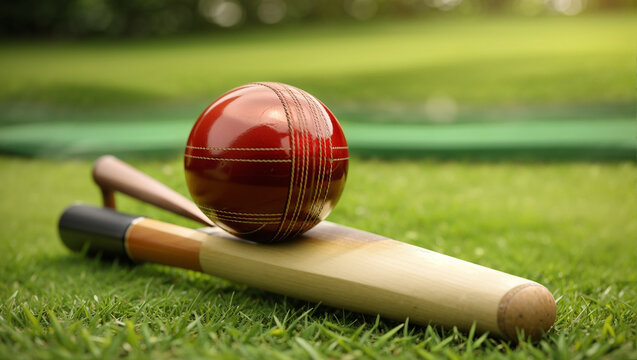 A red cricket ball with a shiny surface and stitching is sitting on a grass field with a stadium in the background.


