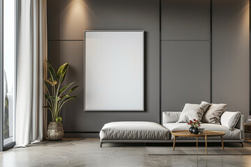 Large wall frame for poster mockup on living room wall. A spacious room with a modern design, a sofa, and a tall flower pot in a pot in the corner. Modern interior design. 3D rendering	
