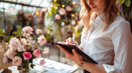 Wedding planner with a clipboard at a decorated venue.
