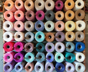 A vibrant arrangement of various colored spools of thread neatly lined up on a shelf.