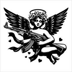 a cupid vector in black white ink hold ak47 