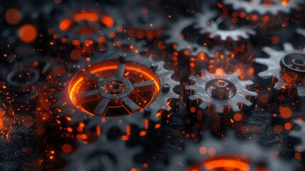 Macro shot of synchronized rotating gears with sparks on blurred background, space for text