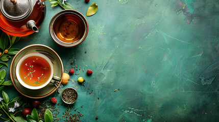 Board with teapot and cup of fruit tea on green background