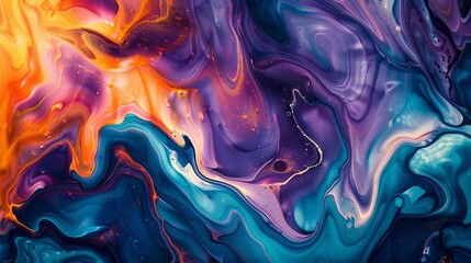 Abstract background with fluid acrylic painting in blue, orange and purple colors