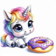 Cartoon Unicorn with Rainbow Mane and Pretty Expression Holding Pink Donut with Sprinkles Clipart