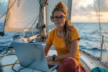 Woman Working on Laptop Aboard Sailboat at Sea