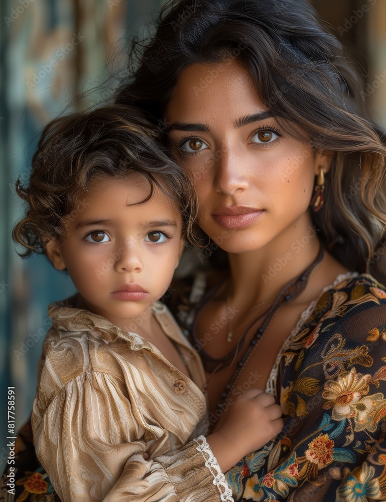 Poster a 27-year-old Latin Mexican mother with her little son