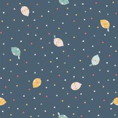 Lemons face seamless scattered pattern in pastel palette. Vector naive hand drawn illustration of cute characters on polka dot in hearts background. Ideal for baby textiles, wallpaper, fabric