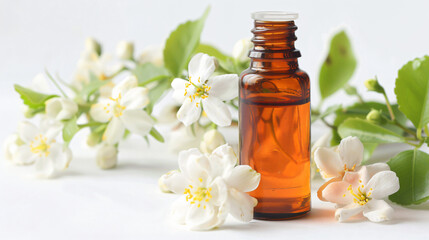 Bottle of essential oil and jasmine flowers on white background