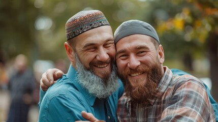 Two young Asian Muslim men with beards hug and share the happiness of welcoming the Muslim Eid al-Fitr holiday. Outdoors in the morning. - Powered by Adobe
