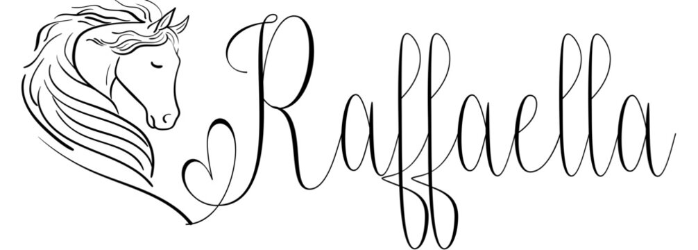 Raffaella - black color - name written - vector graphics with stylized horse with heart - for websites, greetings, banners, cards, tag, t-shirt, sweatshirt, prints, cricut, silhouette, scrapbooking 