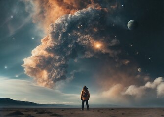 Lone Adventurer Under a Stellar Explosion with Distant Planets in a Breathtaking Sky