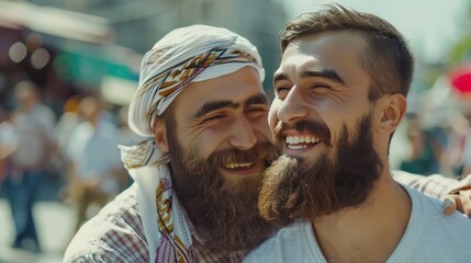 Two young Asian Muslim men with beards hug and share the happiness of welcoming the Muslim Eid al-Fitr holiday. Outdoors in the morning.