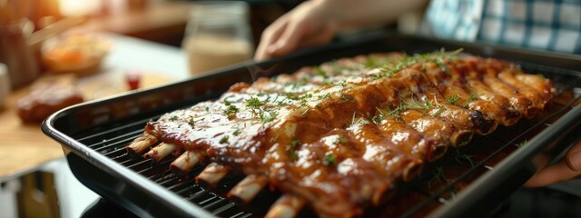 a woman takes ribs out of the oven. selective focus