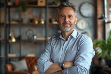 Fototapeta premium Smiling middle aged ceo business man looking at camera, portrait. Confident happy mature older professional businessman executive manager, male investor in shirt standing arms crossed in office.