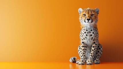 A captivating 3D portrayal of a chuckling cheetah, sitting with a happy expression on a bright orange background, ideal for children's stories, wildlife themes, and playful designs