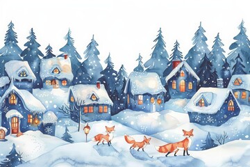 Naklejka premium A cute watercolor of a cozy, snowy village at dusk, where foxes wander past warmly lit windows, emphasizing serene winter life, Clipart isolated on white