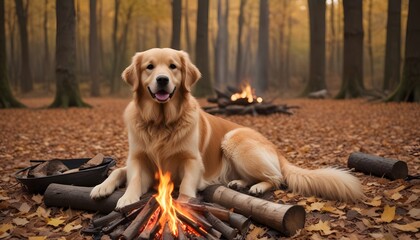 Large Brown Dog Relaxing by Campfire on Spring Evening. pet-friendly campgrounds, camping with dogs. Dog camping at campsites that allow pets