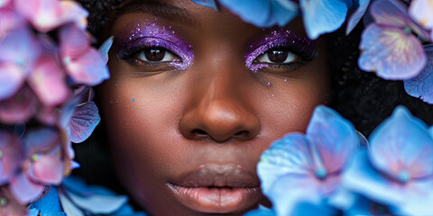 Obraz premium close up of an African American woman with purple eyeshadow and glitter, surrounded by blue hydrangeas, generative AI