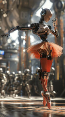 Transport viewers into a virtual realm where robotic ballerinas twirl and pirouette with mechanical perfection Render the scene with photorealistic detail