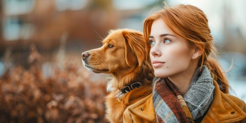 Red-Haired Woman with Dog Outdoors. Generative ai