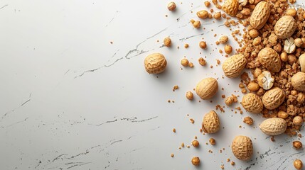 Scattered Peanuts and Crumbs on White Background. Generative ai