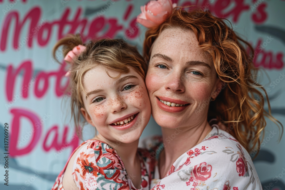 Poster  a happy 30-year-old mother and her daughter in front of a wall on which 